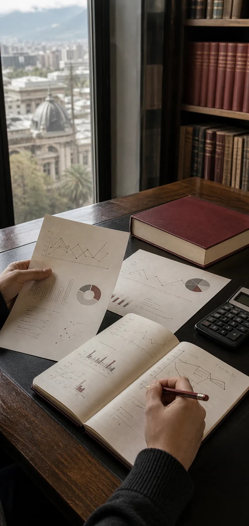 Libro de economía y gráficos impresos sobre una mesa de investigación